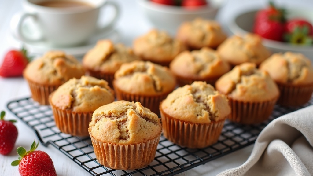 A batch of golden, fluffy gluten-free vegan muffins cooling on a wire rack next to a cup of coffee and fresh berries.