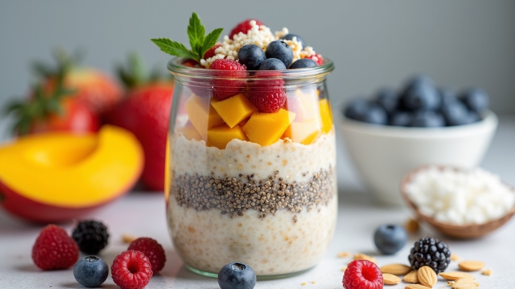 A colorful jar of vegan overnight oats with fruit toppings