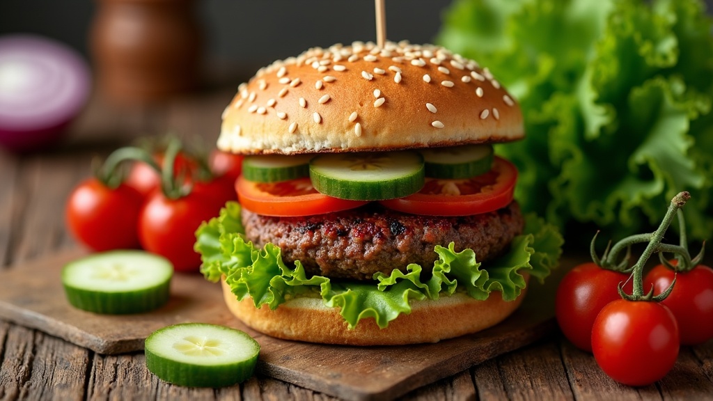 A homemade vegan burger on a rustic wooden table, surrounded by vibrant vegetables like lettuce, tomatoes, and onions