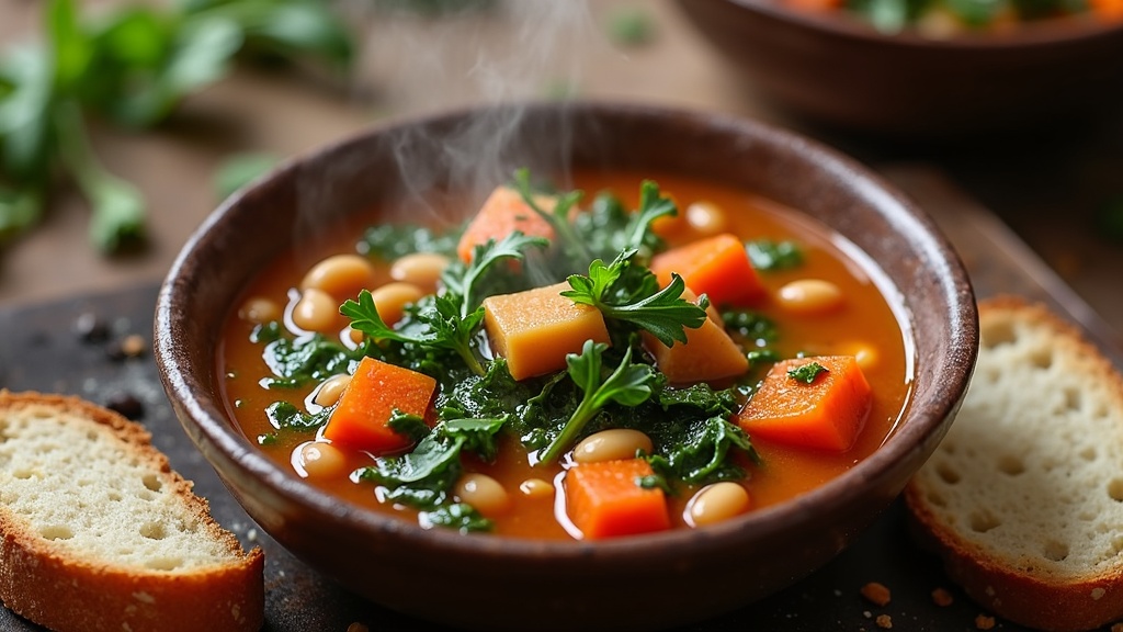 A steaming bowl of hearty vegan soup with chunks of vegetables and beans beside a slice of rustic bread