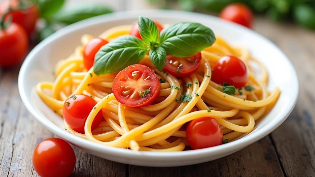 A vibrant bowl of vegan pasta garnished with fresh basil and cherry tomatoes