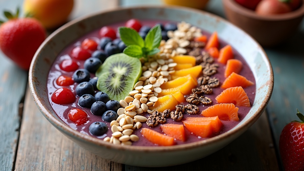 A vibrant plant-based smoothie bowl topped with sliced fruit, seeds, and nuts