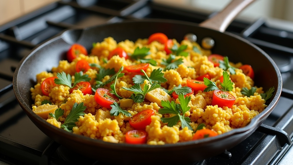 Colorful tofu scramble in a pan with vegetables