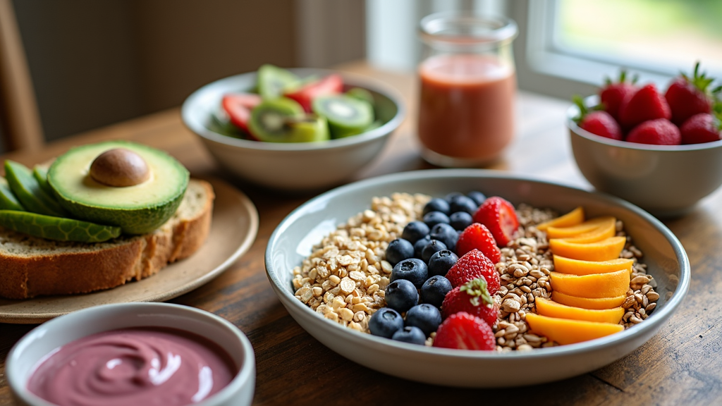 Colorful vegan breakfast assortment: smoothie bowl, avocado toast, overnight oats, and fruit