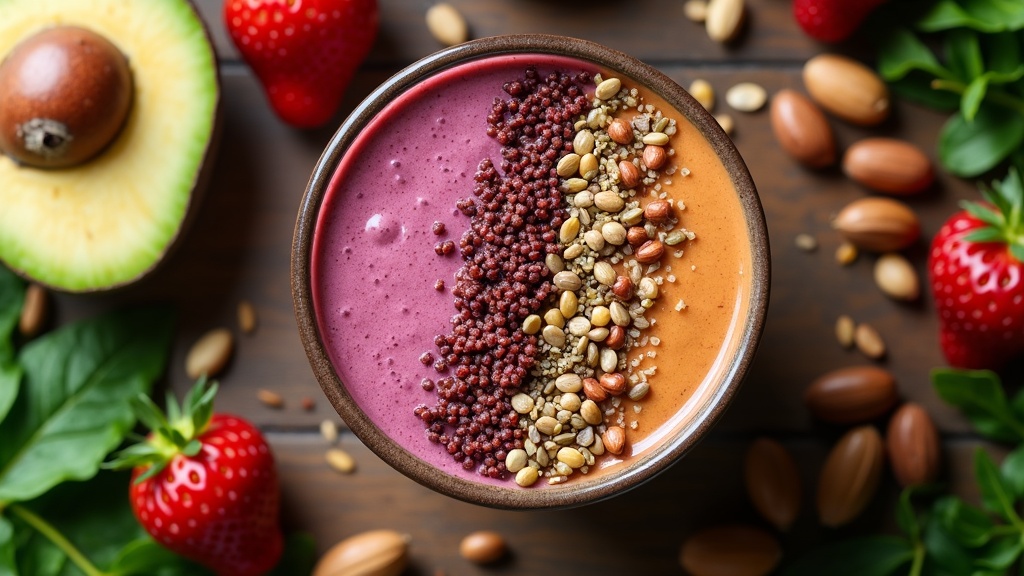 Colorful vegan smoothie bowl topped with fresh fruit, seeds, and granola
