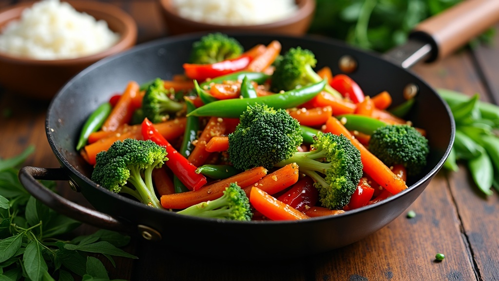 Colorful vegan vegetable stir-fry in a wok