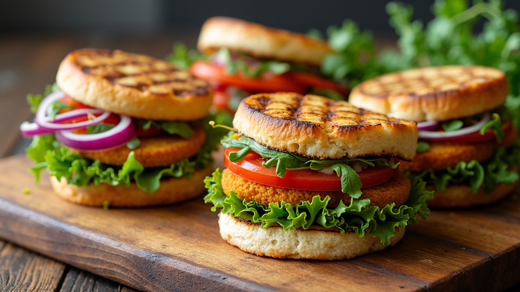 Grilled vegan sandwiches and wraps on a rustic wooden cutting board