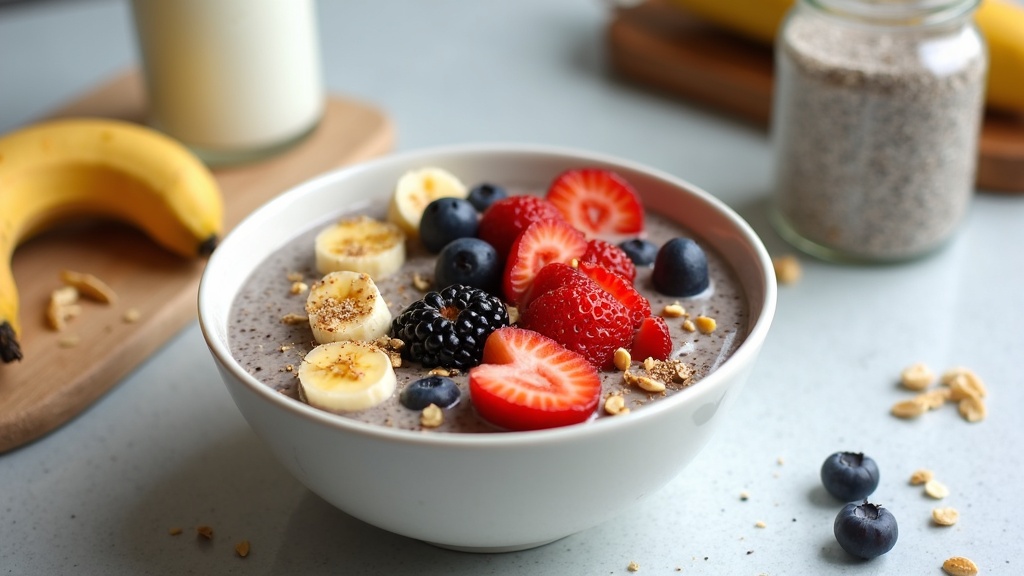 Vegan chia pudding topped with berries and nuts